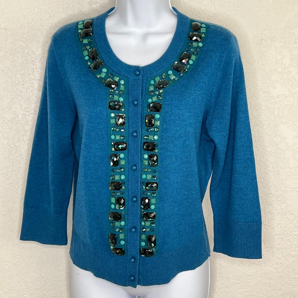 Kate Spade Beaded Jeweled 3/4 Sleeve Wool Cashmere Blue Button Up Cardigan M